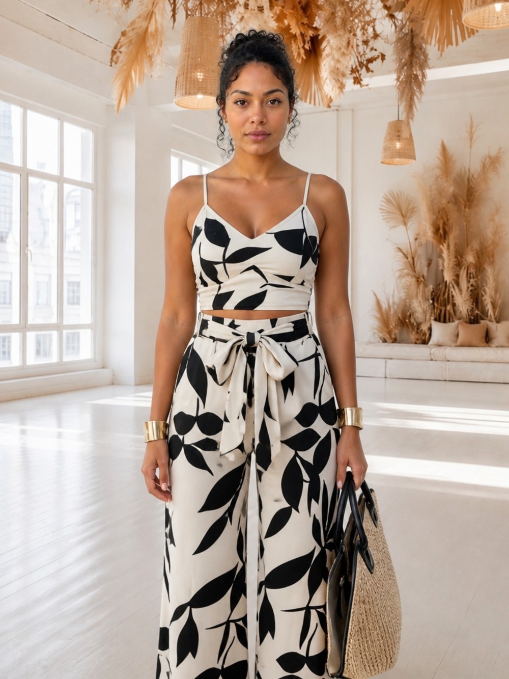 Fashion Nova Cream Wide-Leg Tie-Waist Pants with Black Leaf Print